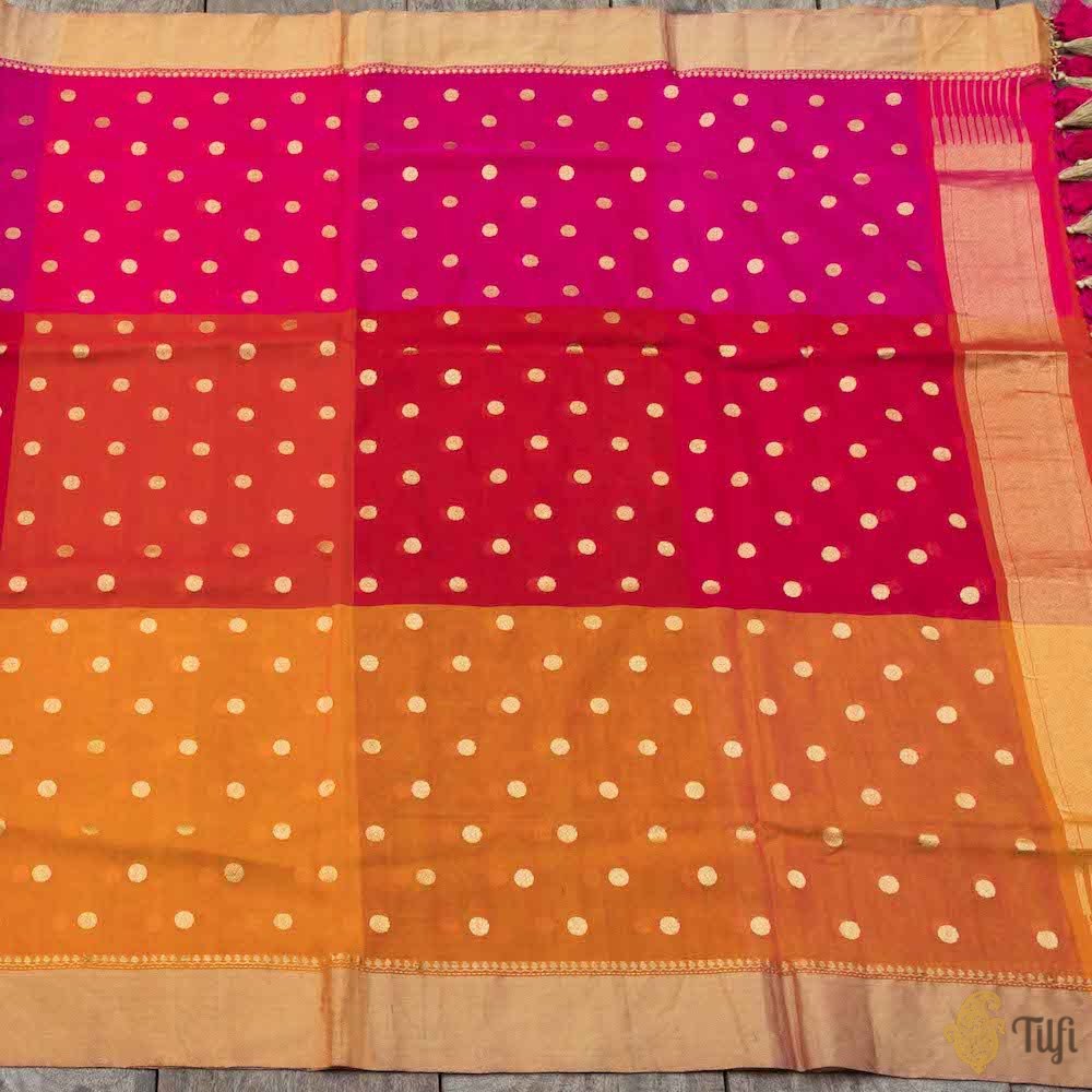 Multicoloured Pure Katan Silk Georgette Banarasi Handloom Dupatta