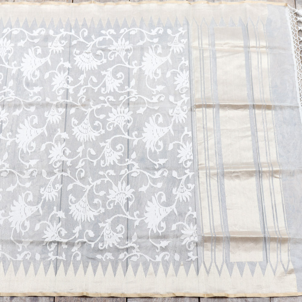 Cream Pure Kora Net Banarasi Handloom Dupatta