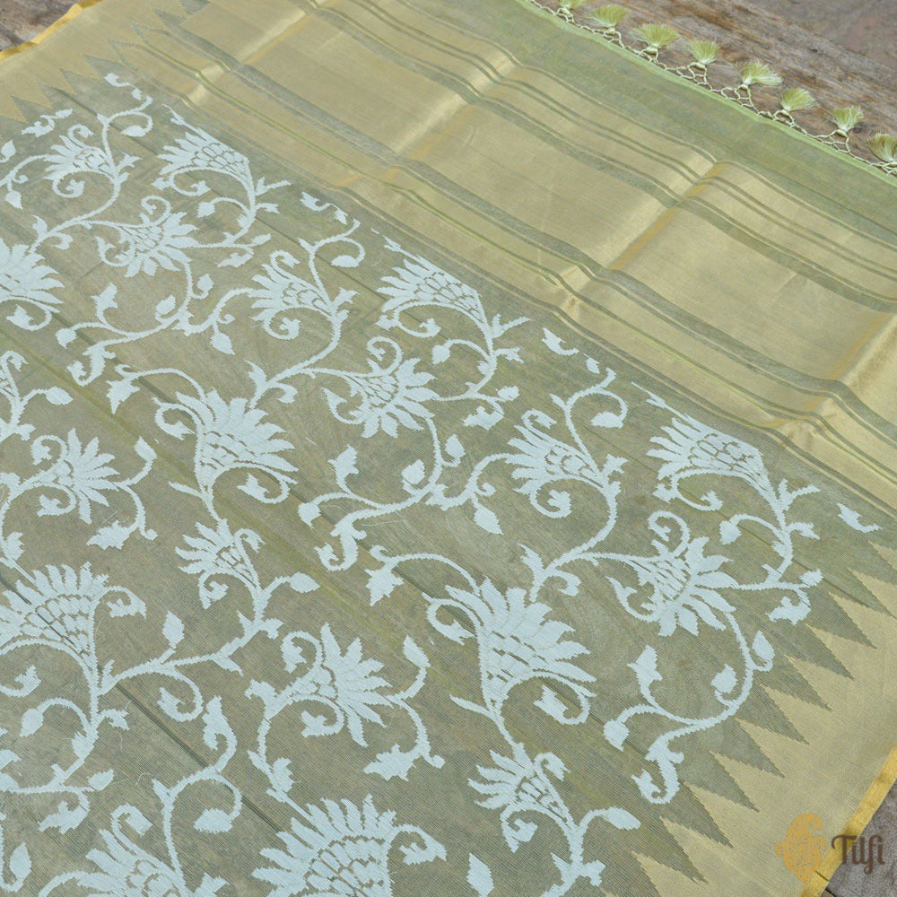 Mint Green Pure Kora Silk Net Banarasi Handloom Dupatta