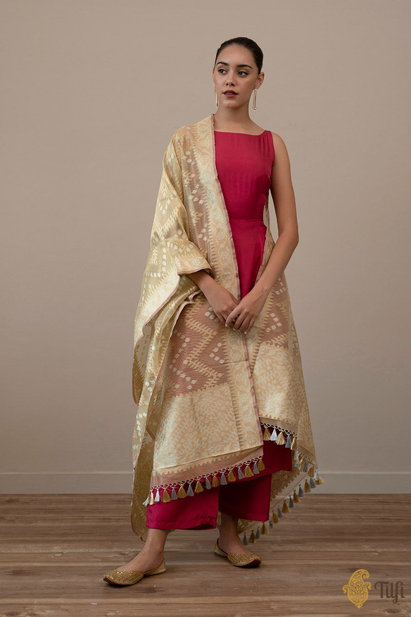 Gold Pure Kora Tissue Net Banarasi Handloom Dupatta