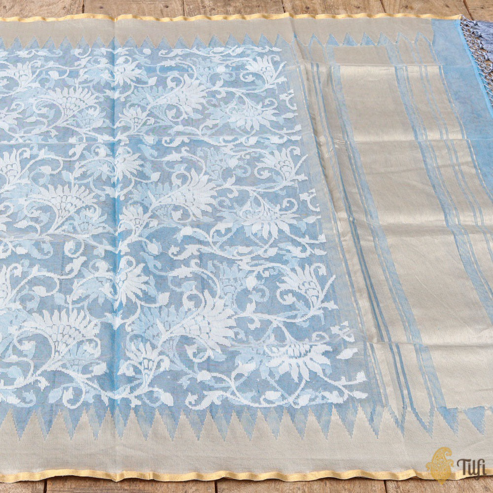 Sky Blue Pure Kora Silk Net Banarasi Handloom Dupatta