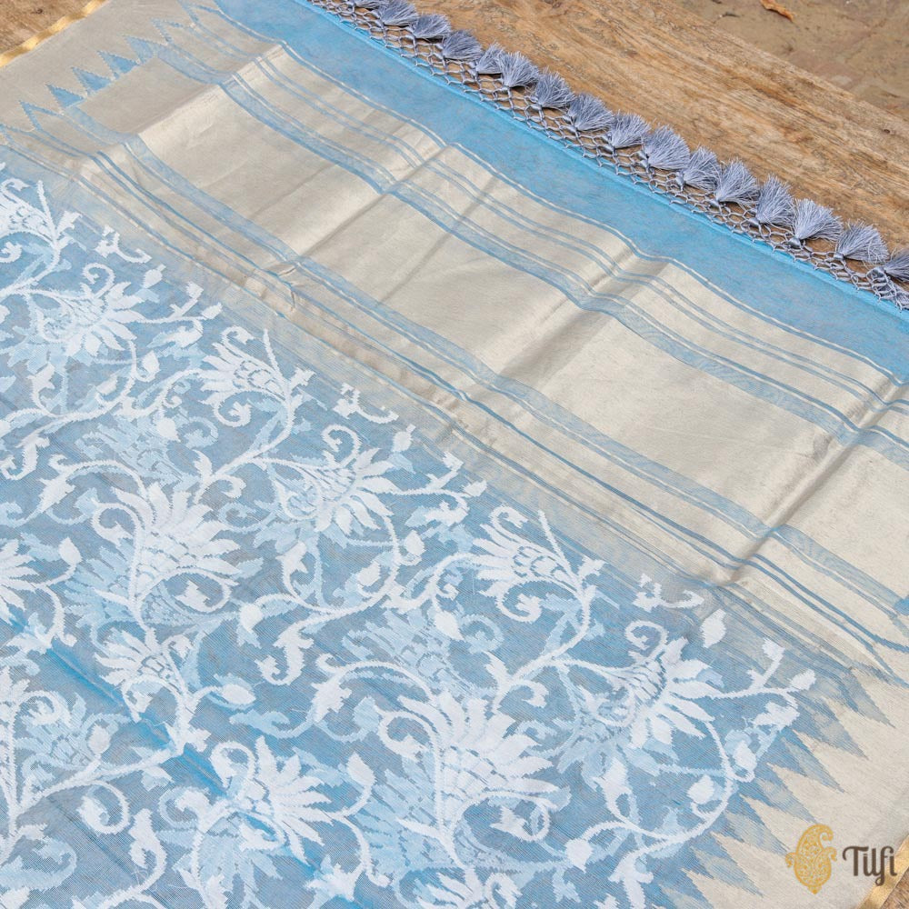 Sky Blue Pure Kora Silk Net Banarasi Handloom Dupatta