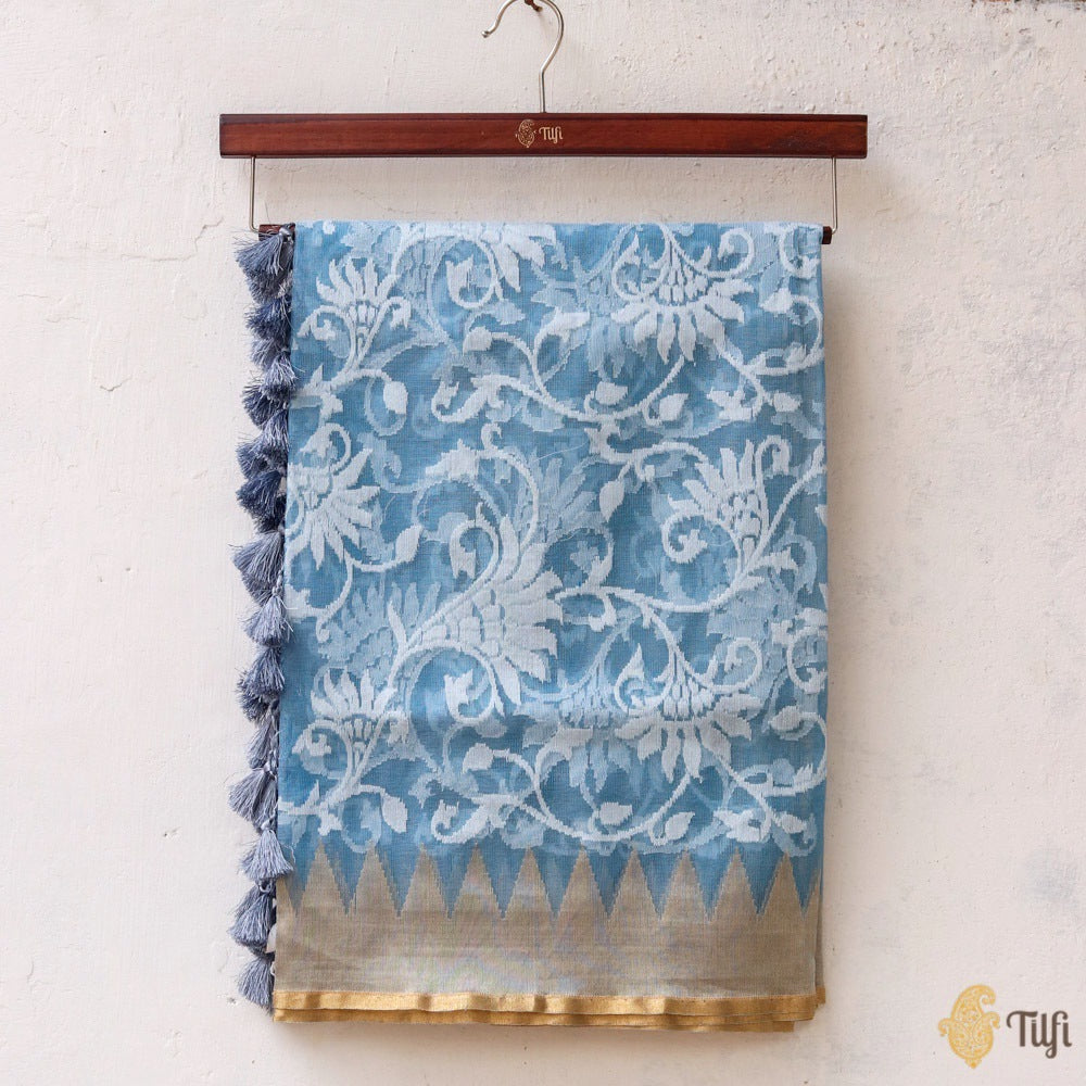 Sky Blue Pure Kora Silk Net Banarasi Handloom Dupatta