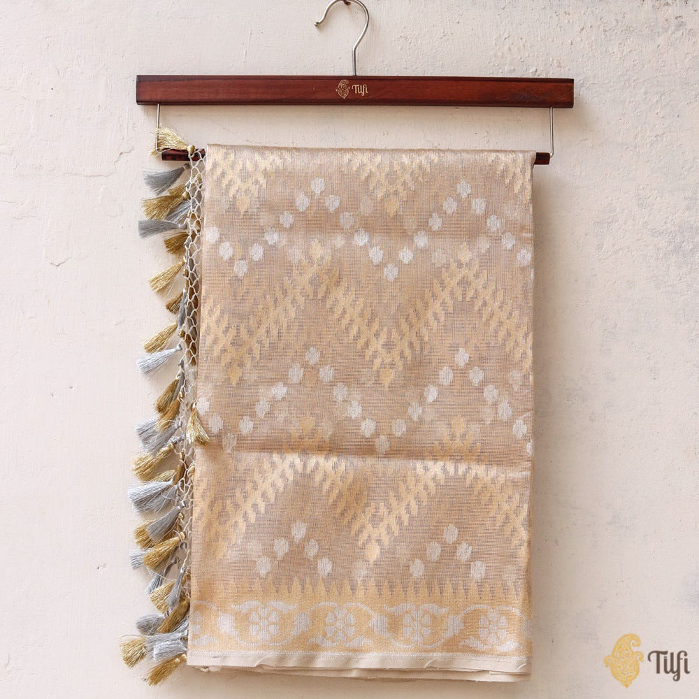 Light Gold Pure Kora Tissue Net Banarasi Handloom Dupatta