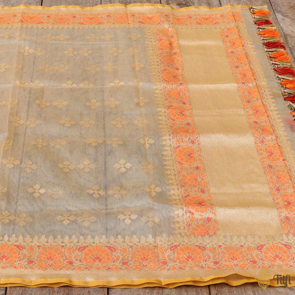 Light Gold Pure Kora Silk Tissue Net Banarasi Handloom Dupatta