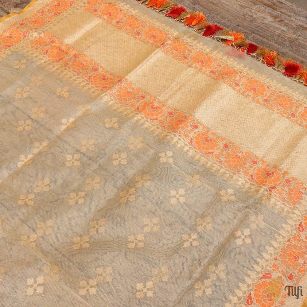 Light Gold Pure Kora Silk Tissue Net Banarasi Handloom Dupatta