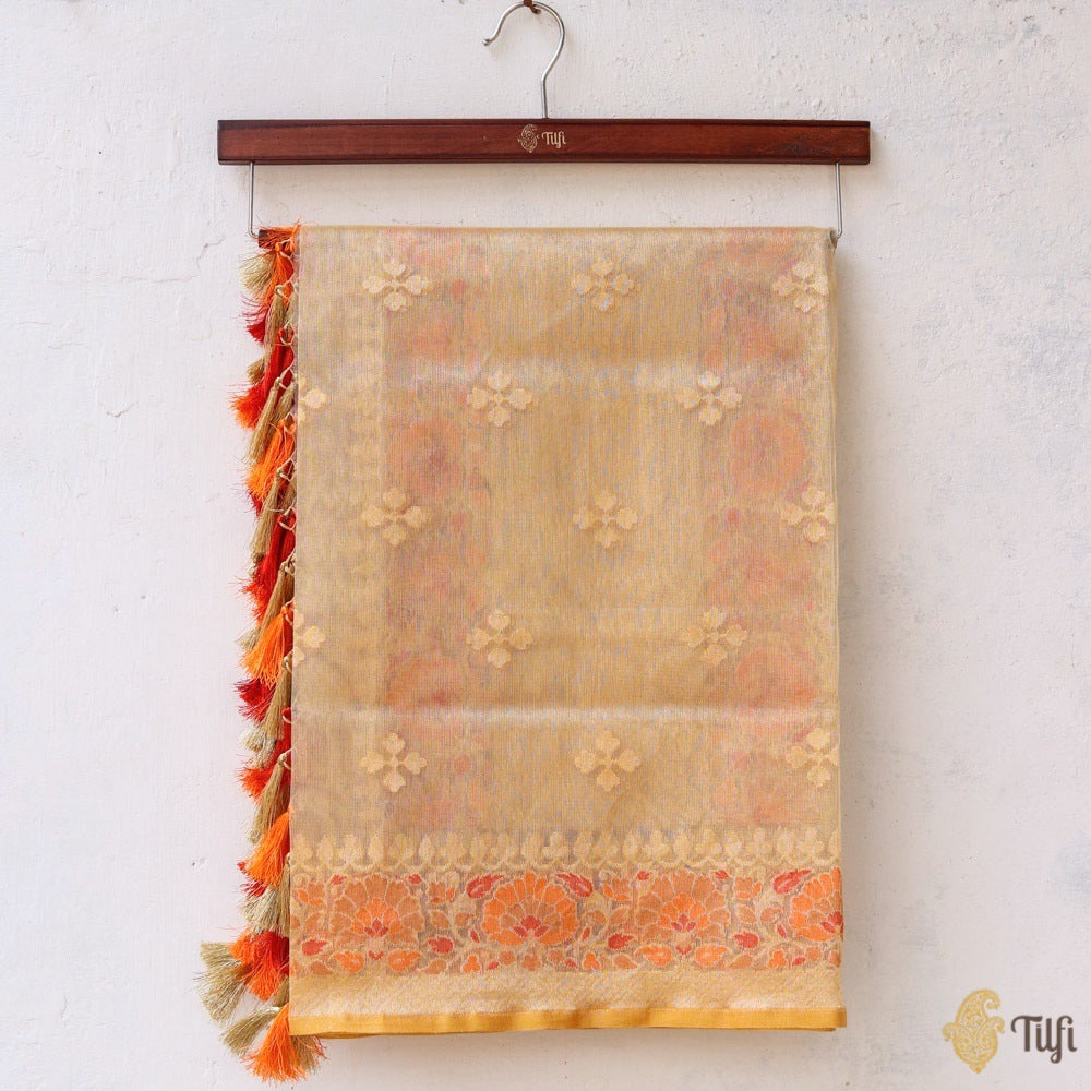 Light Gold Pure Kora Silk Tissue Net Banarasi Handloom Dupatta