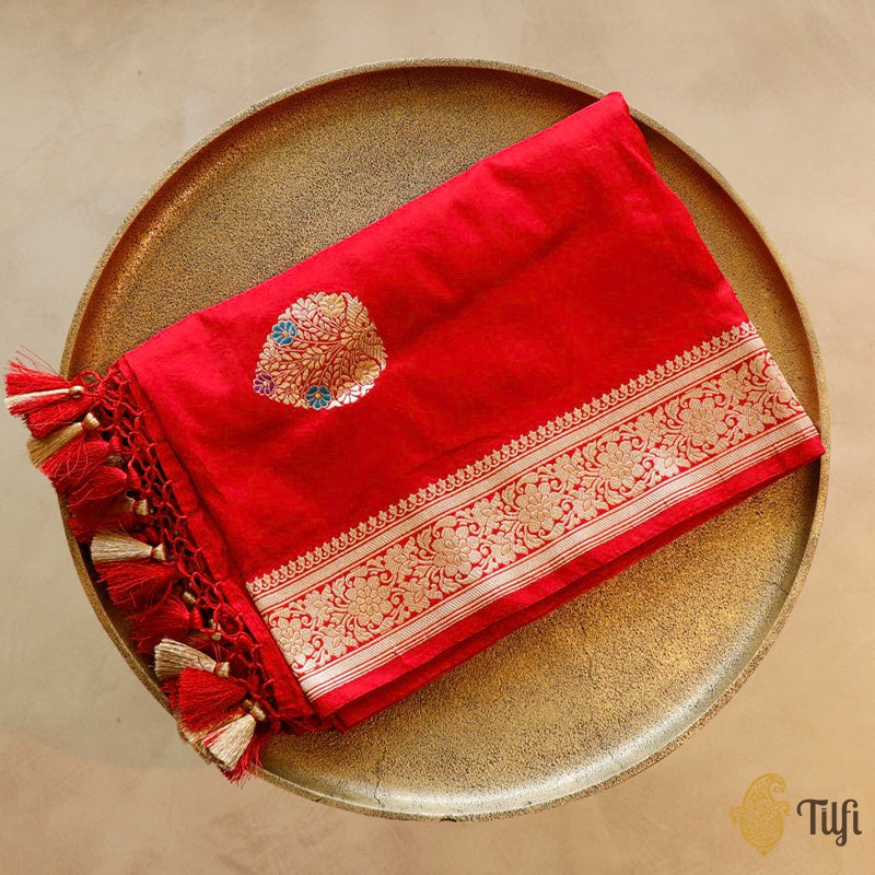 Red Pure Katan Silk Banarasi Handloom Dupatta