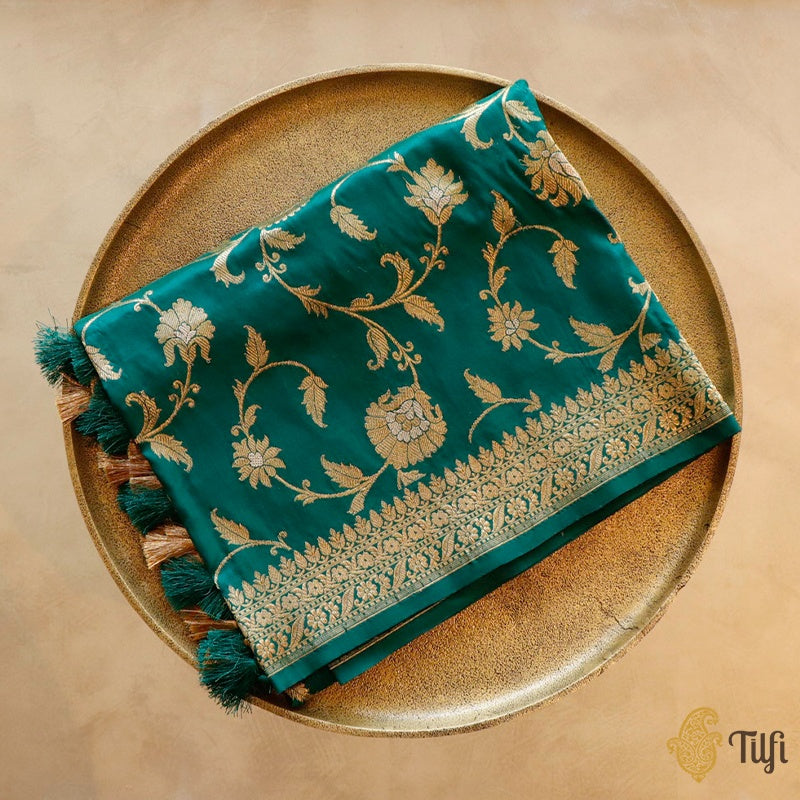 Dark Green Pure Katan Silk Kadwa Jangla Handloom Dupatta