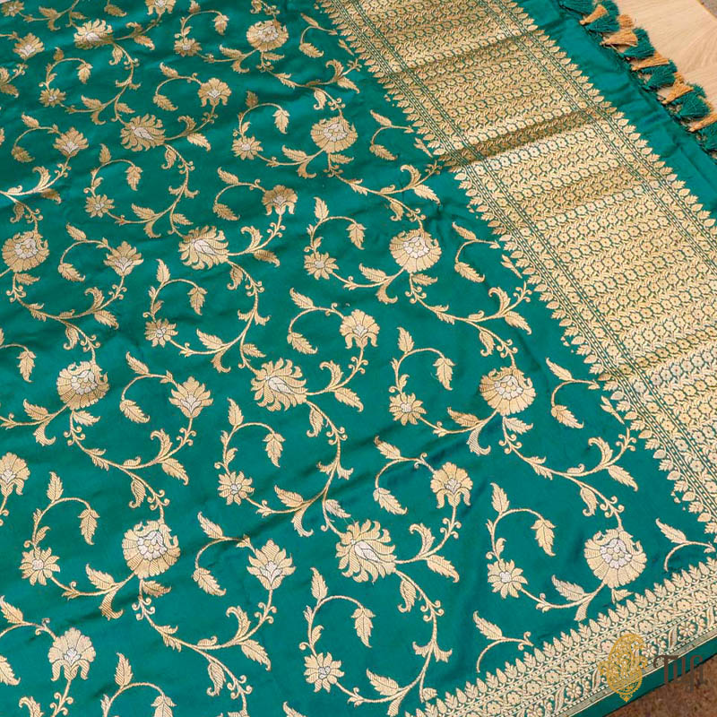 Dark Green Pure Katan Silk Kadwa Jangla Handloom Dupatta