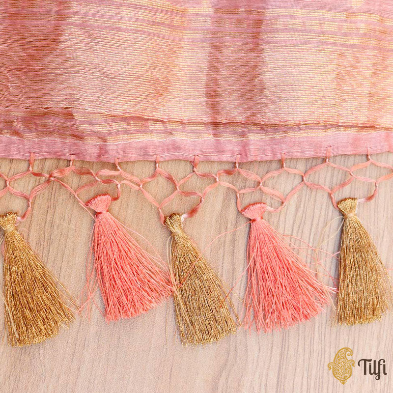 Soft Peach Pure Linen Banarasi Handloom Dupatta