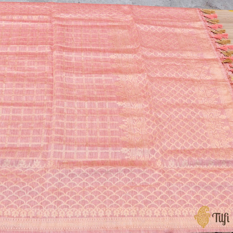 Soft Peach Pure Linen Banarasi Handloom Dupatta