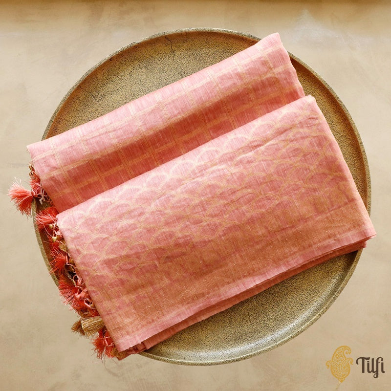 Soft Peach Pure Linen Banarasi Handloom Dupatta