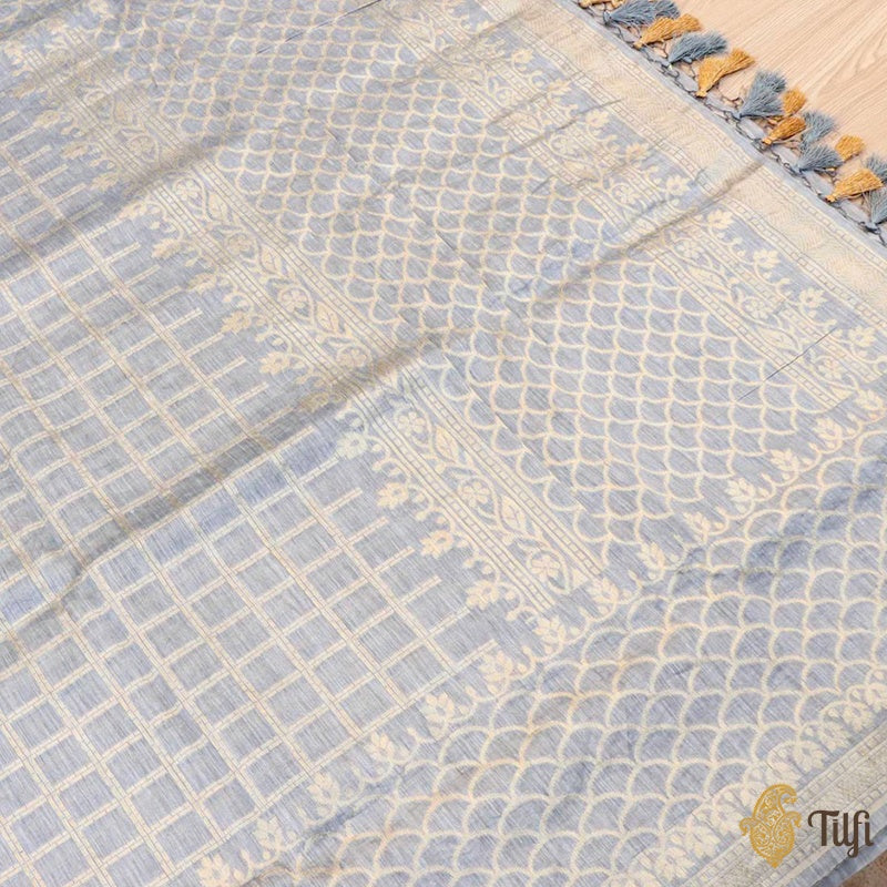 Blueish Grey Pure Linen Banarasi Handloom Dupatta