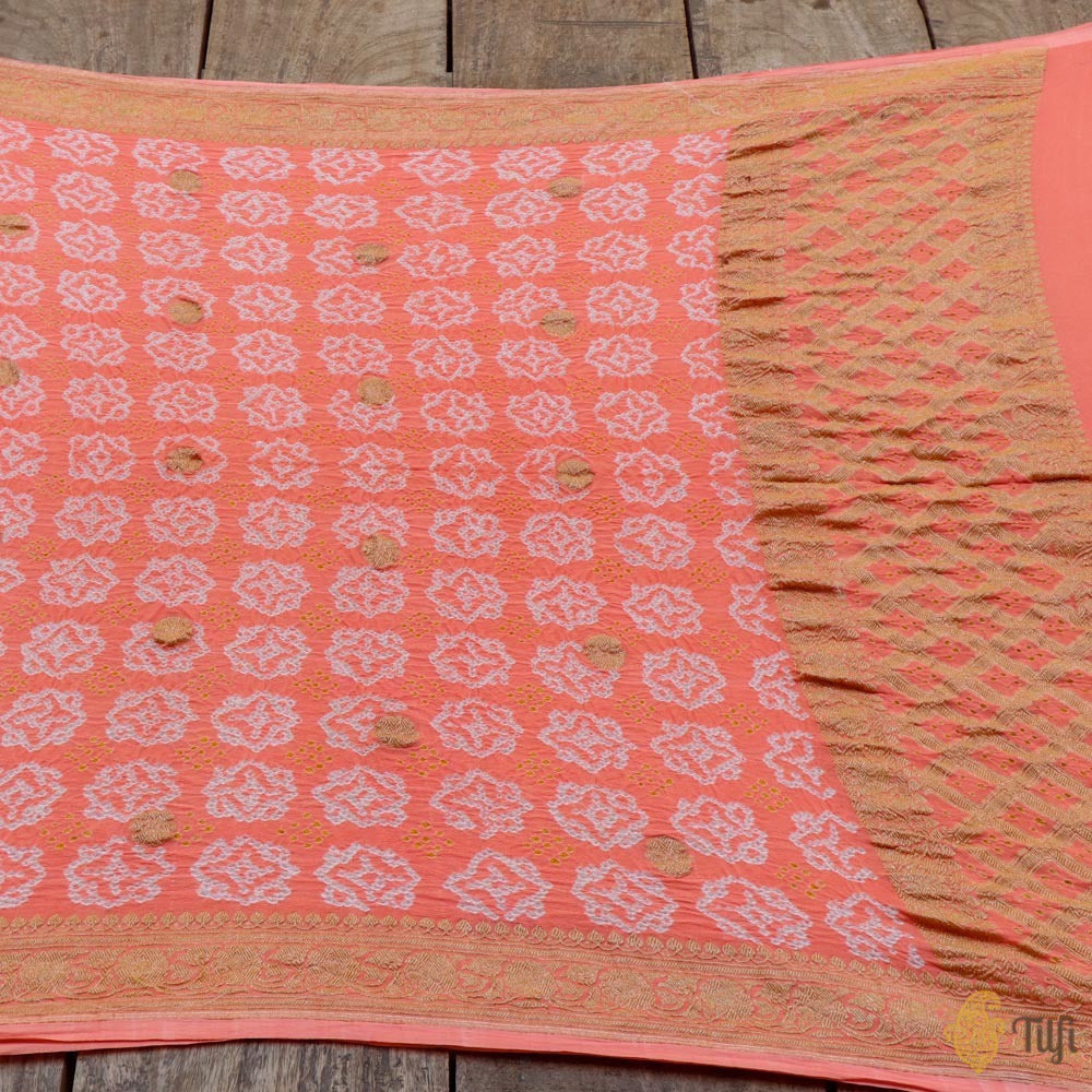 Coral Peach Pure Georgette Banarasi Handloom Bandhani Dupatta