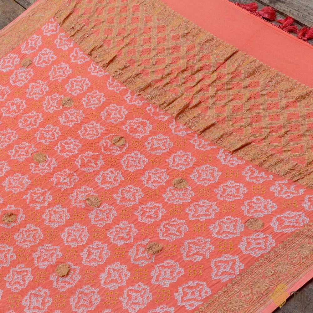 Coral Peach Pure Georgette Banarasi Handloom Bandhani Dupatta