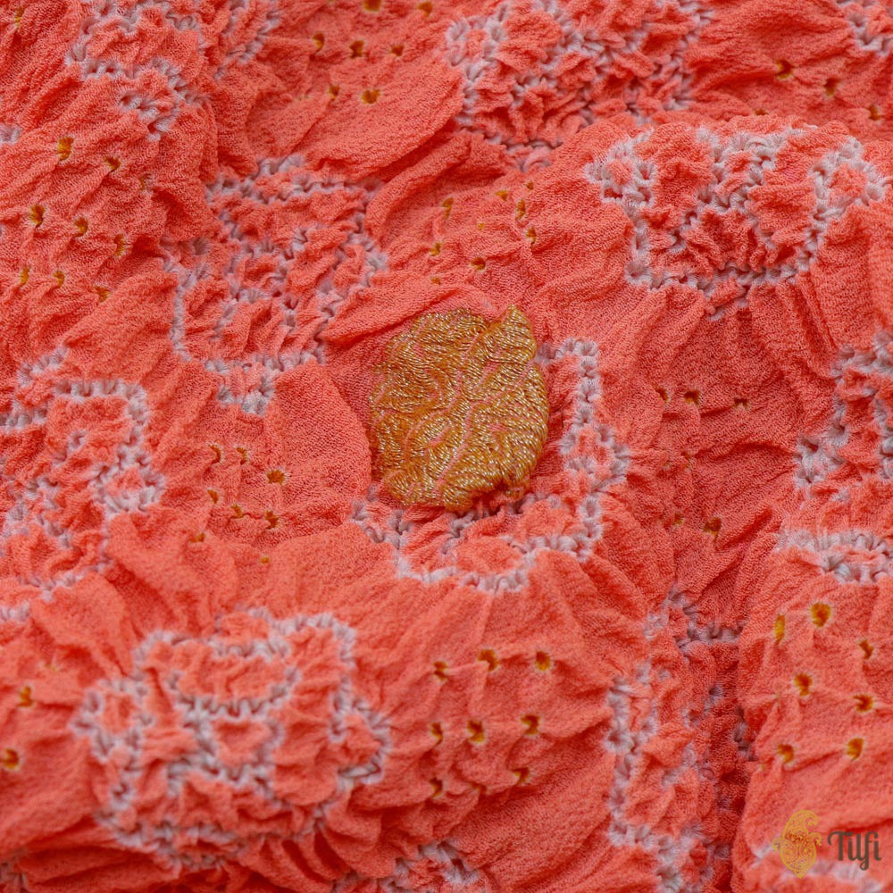Coral Peach Pure Georgette Banarasi Handloom Bandhani Dupatta