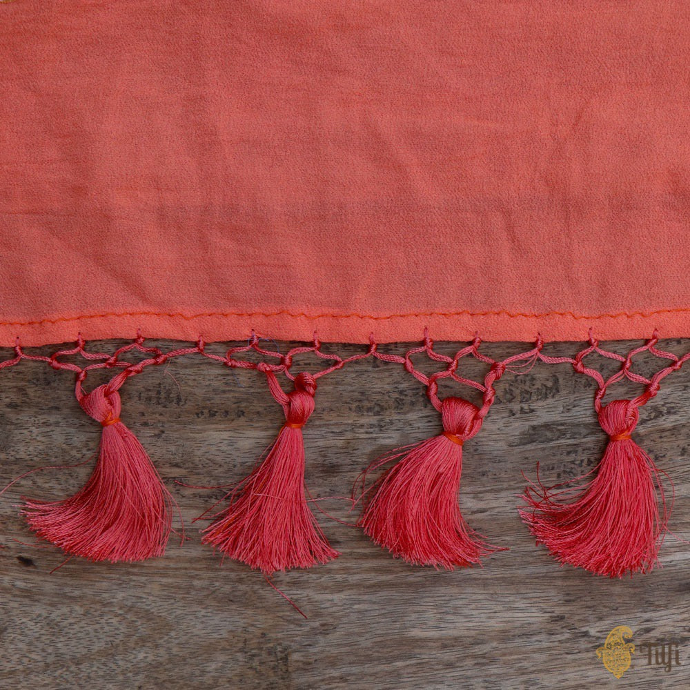 Coral Peach Pure Georgette Banarasi Handloom Bandhani Dupatta