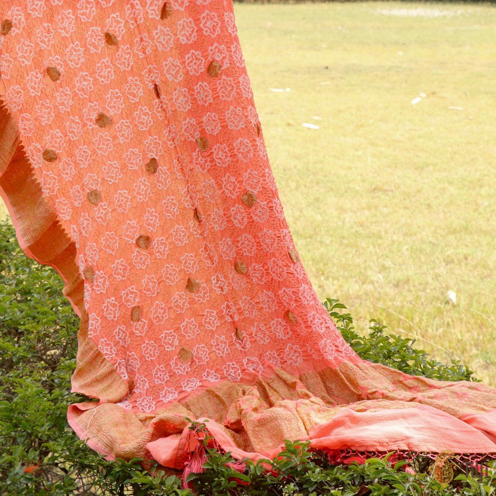 Coral Peach Pure Georgette Banarasi Handloom Bandhani Dupatta
