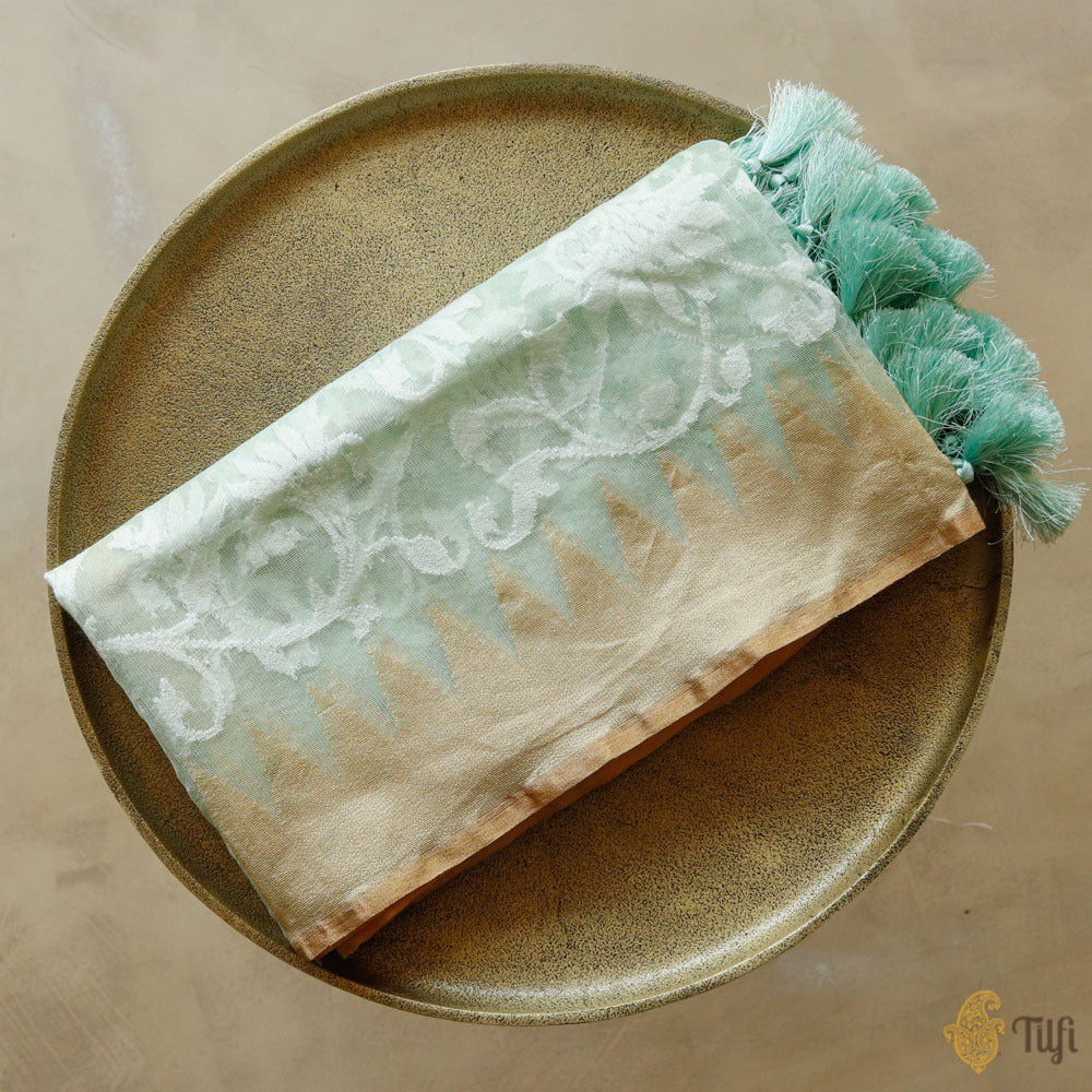 Mint Green Pure Kora Silk Net Banarasi Handloom Dupatta