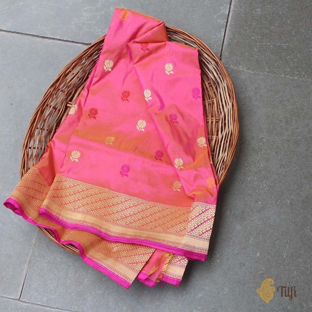 Orange-Gulabi Pink Pure Katan Silk Banarasi Handloom Dupatta