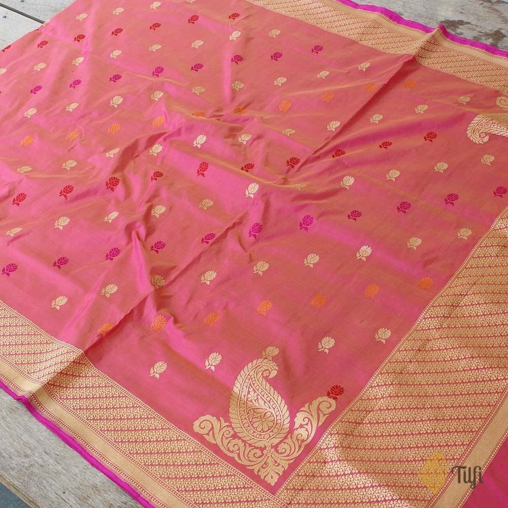 Orange-Gulabi Pink Pure Katan Silk Banarasi Handloom Dupatta