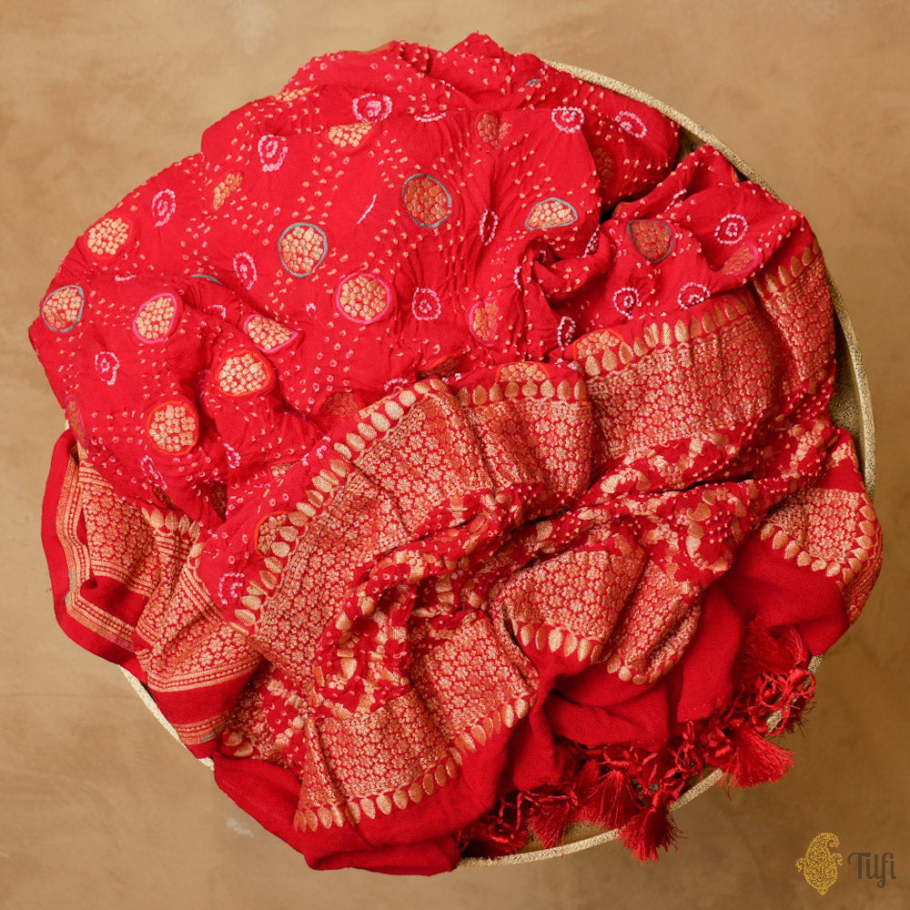 Red Pure Georgette Banarasi Handloom Bandhani Dupatta