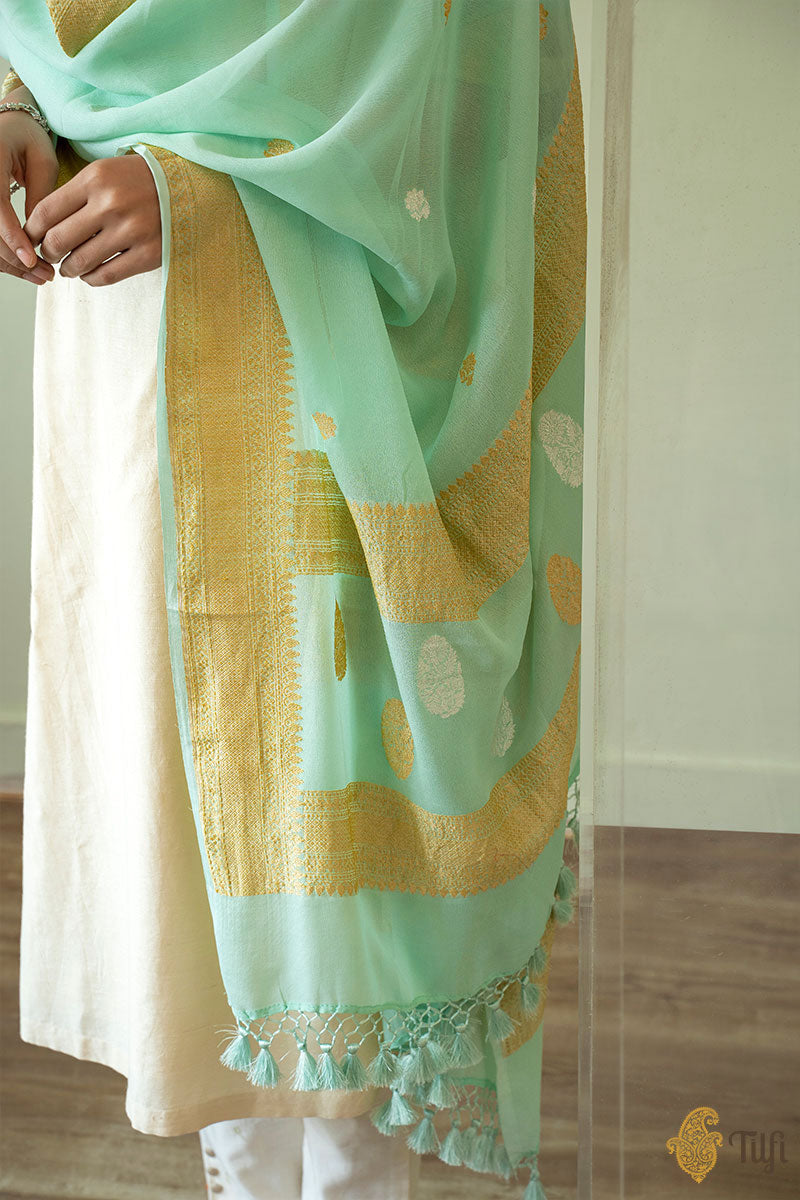 Sea Green Pure Khaddi Georgette Banarasi Handloom Dupatta