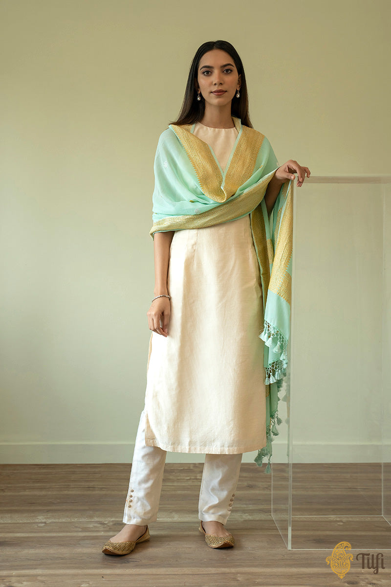 Sea Green Pure Khaddi Georgette Banarasi Handloom Dupatta