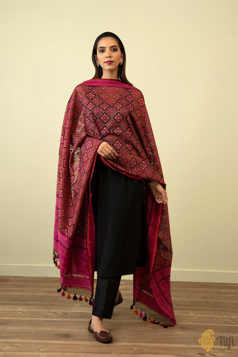 Black-Pink Pure Kora Net Banarasi Handloom Patola Dupatta