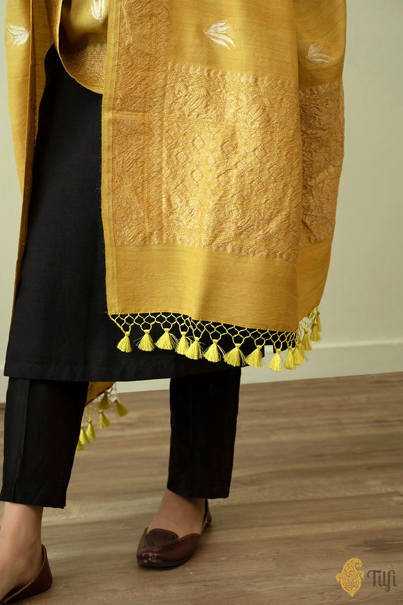 Ochre Green Pure Monga Silk Banarasi Handloom Dupatta