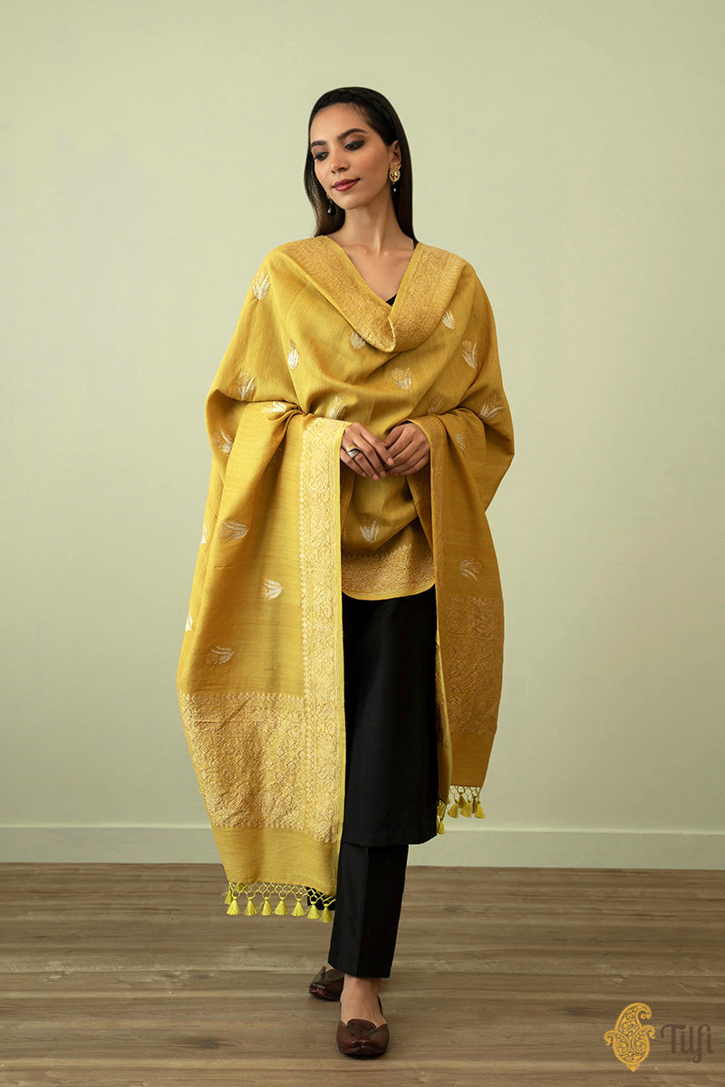 Ochre Green Pure Monga Silk Banarasi Handloom Dupatta