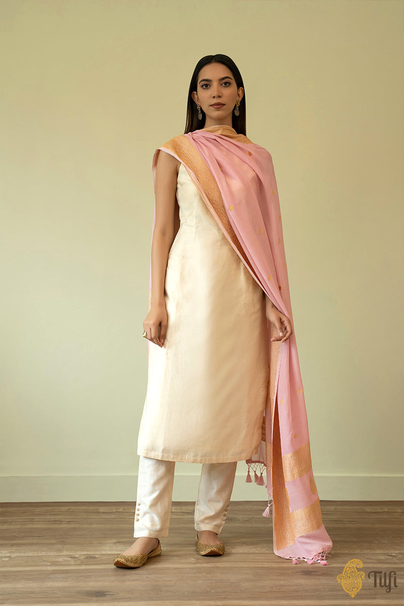 Soft Pink Pure Khaddi Georgette Banarasi Handloom Dupatta