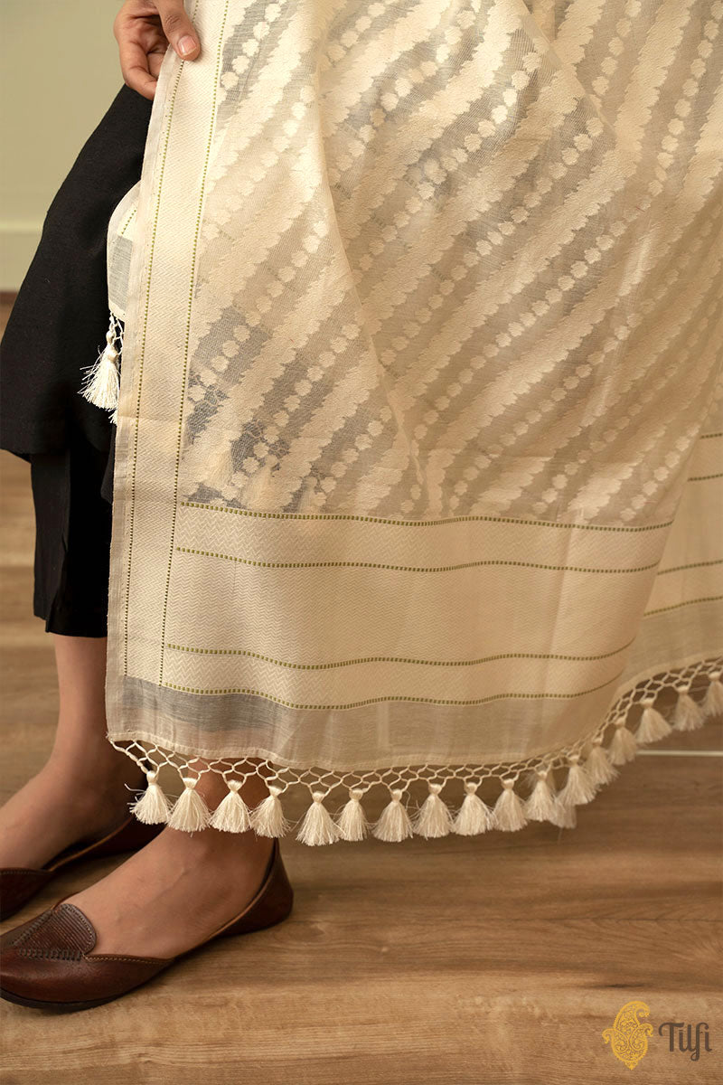 White Pure Cotton Banarasi Handloom Dupatta