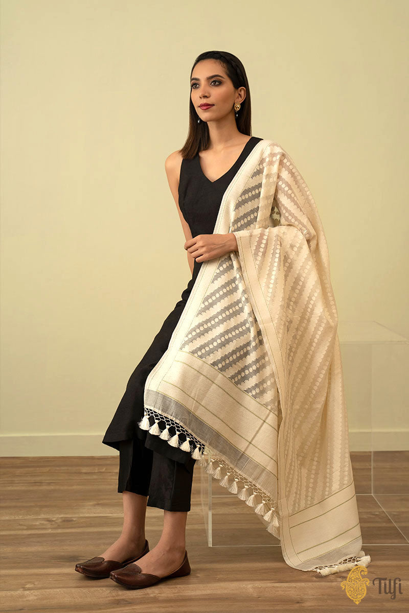 White Pure Cotton Banarasi Handloom Dupatta