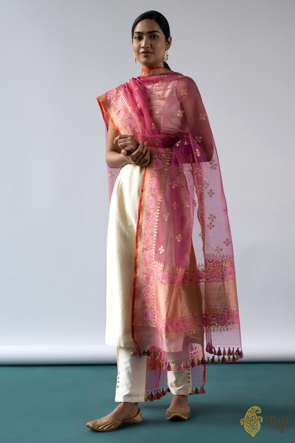 Pink Pure Kora Net Banarasi Handloom Dupatta