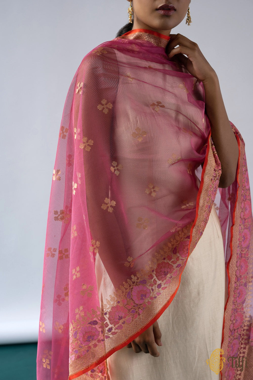 Pink Pure Kora Net Banarasi Handloom Dupatta