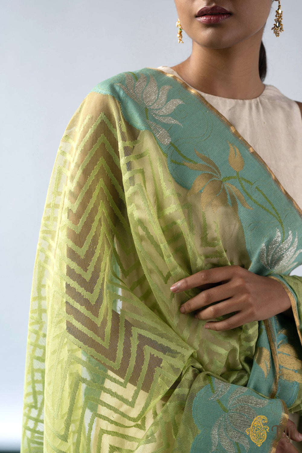 Pista Green Pure Kora Net Banarasi Handloom Dupatta