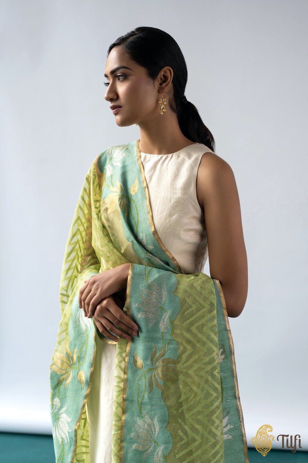Pista Green Pure Kora Net Banarasi Handloom Dupatta