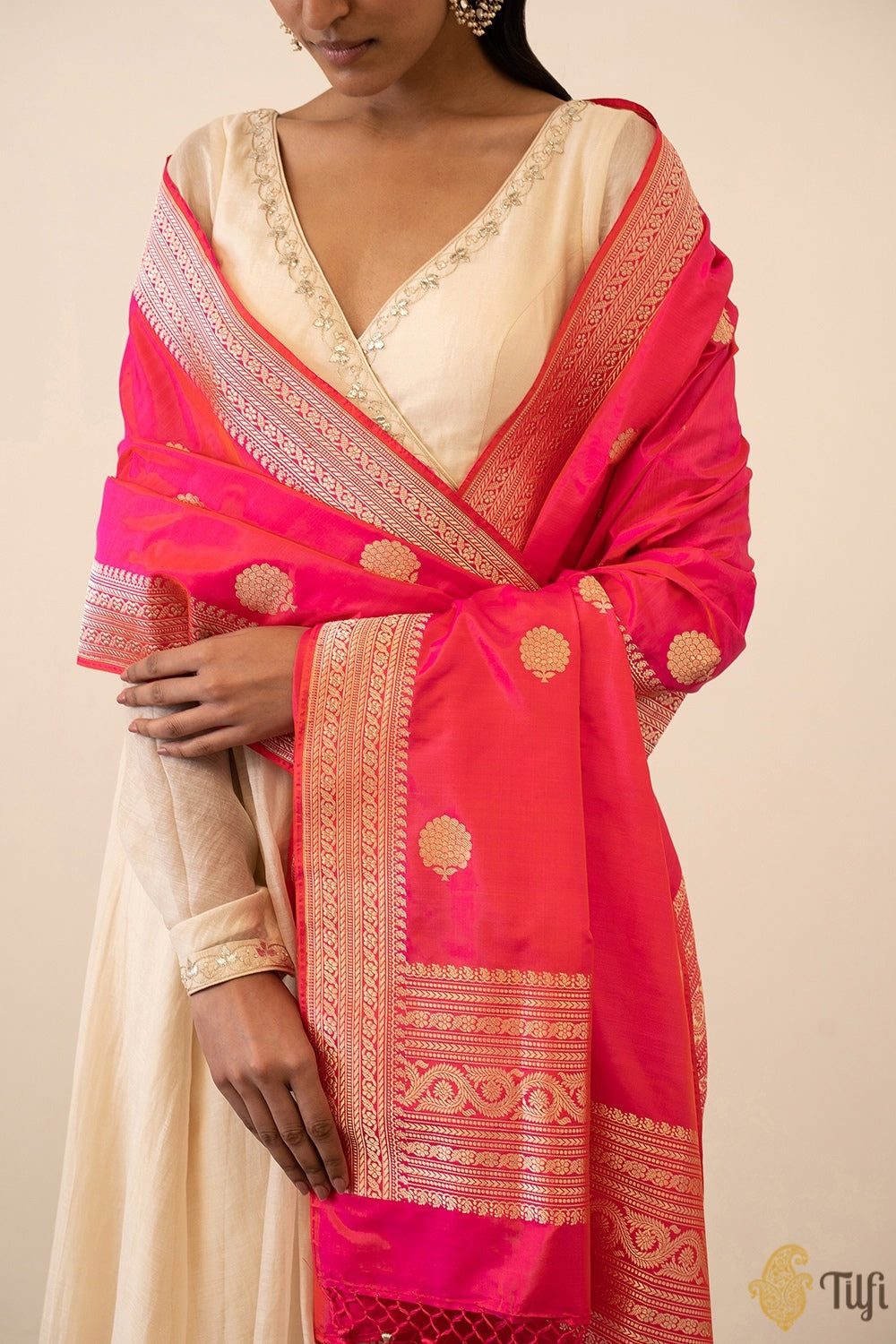 Orange-Rani Pink Pure Katan Silk Banarasi Handloom Dupatta