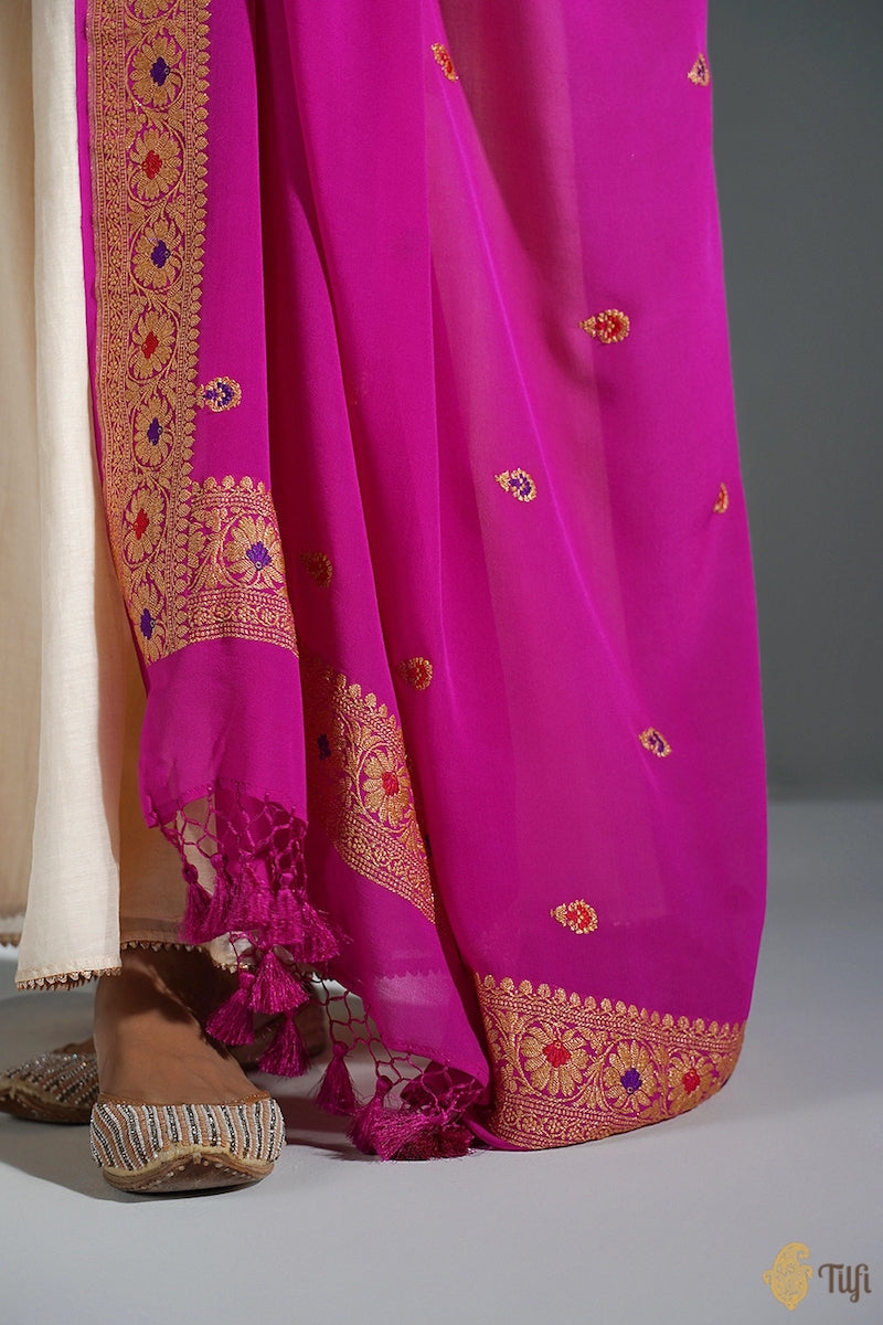 Magenta Pink Pure Khaddi Georgette Banarasi Handloom Dupatta