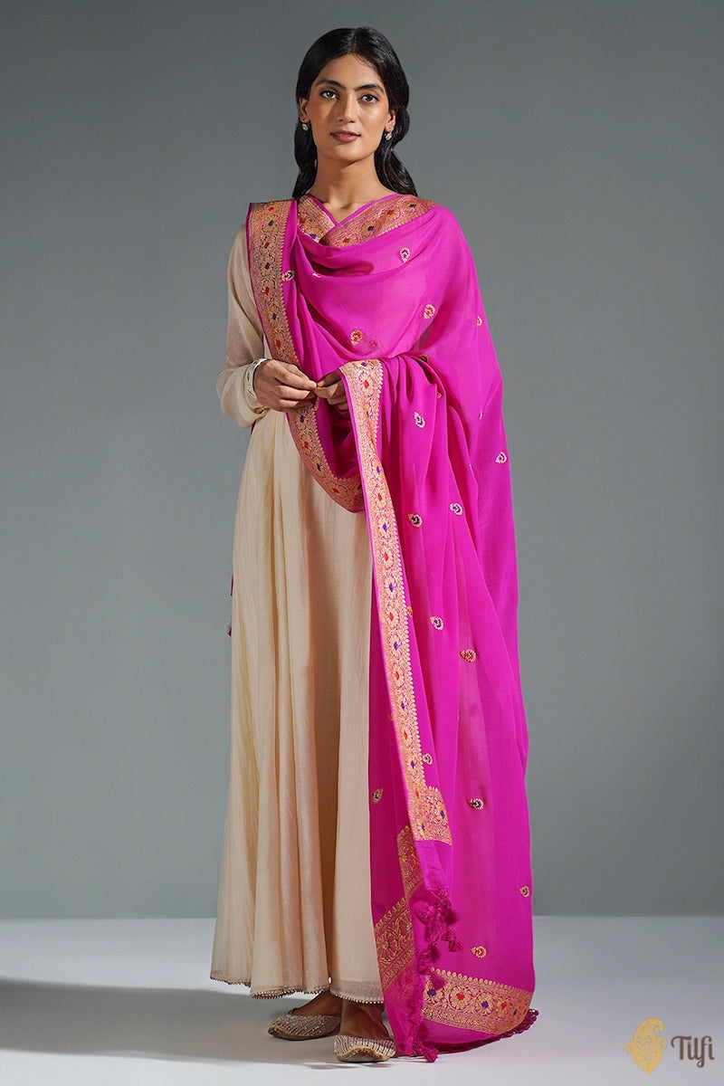 Magenta Pink Pure Khaddi Georgette Banarasi Handloom Dupatta