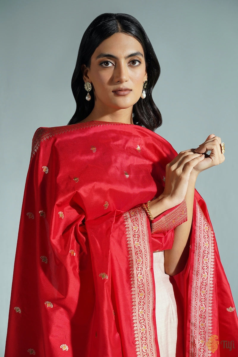 Red Pure Katan Silk Banarasi Handloom Dupatta