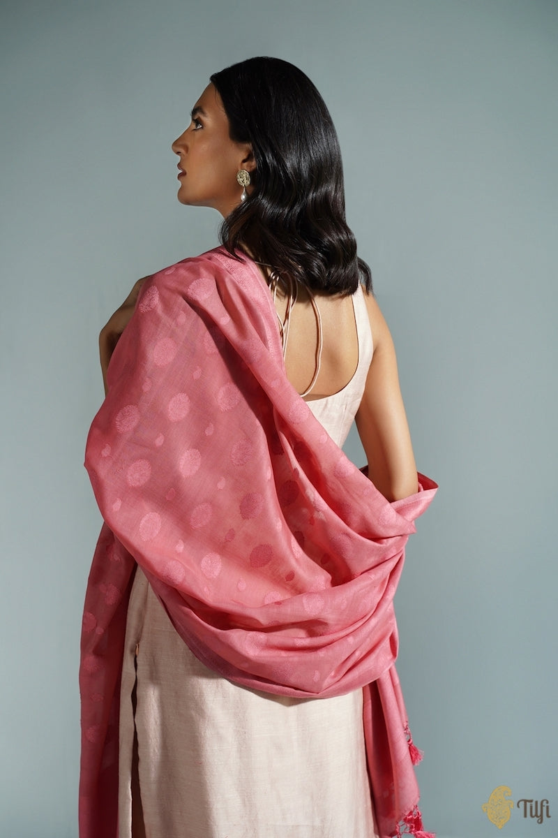 Coral Pink Pure Cotton Banarasi Handloom Dupatta