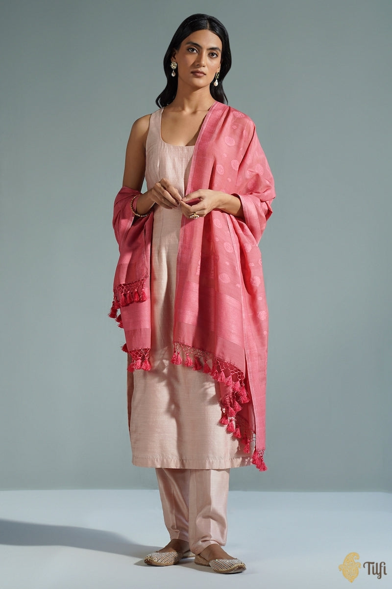 Coral Pink Pure Cotton Banarasi Handloom Dupatta