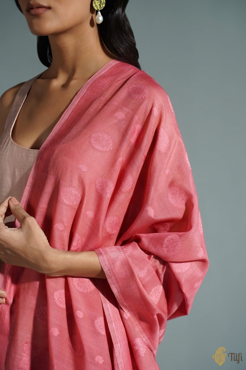 Coral Pink Pure Cotton Banarasi Handloom Dupatta