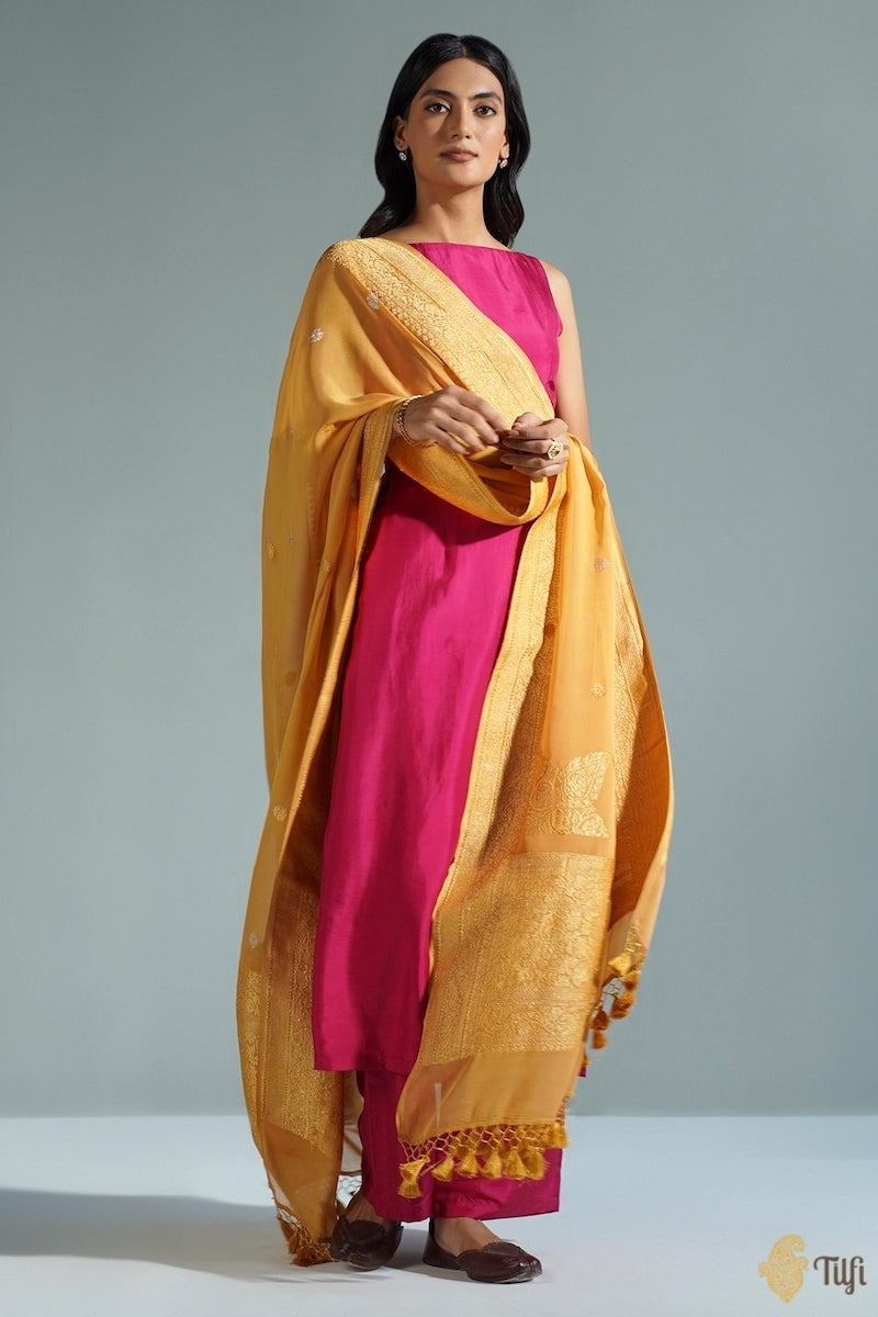 Deep Mustard Pure Khaddi Georgette Banarasi Handloom Dupatta