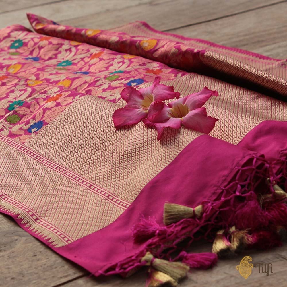 Magenta Pure Katan Silk Banarasi Handloom Dupatta