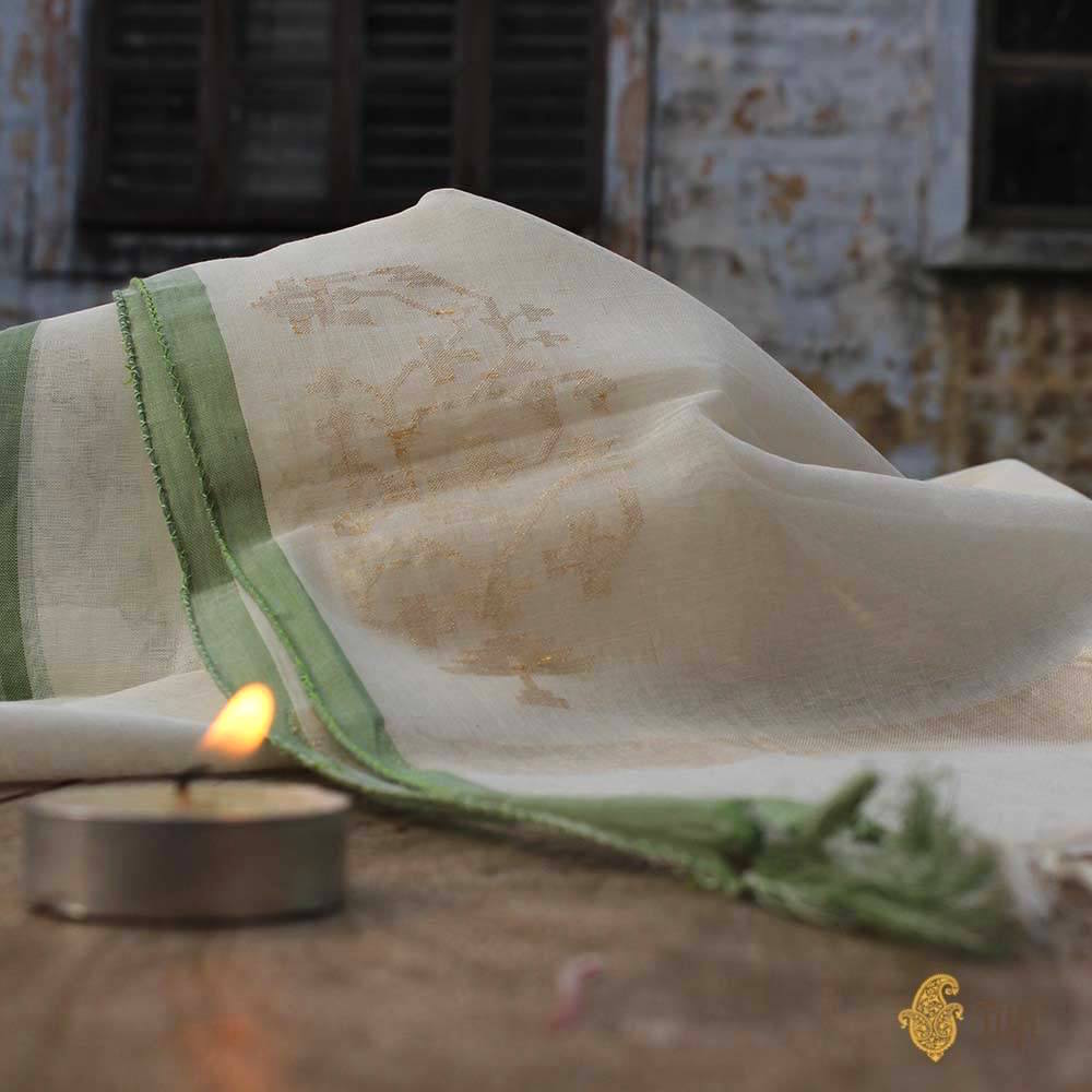 White Pure Cotton Real Zari Banarasi Handloom Stole