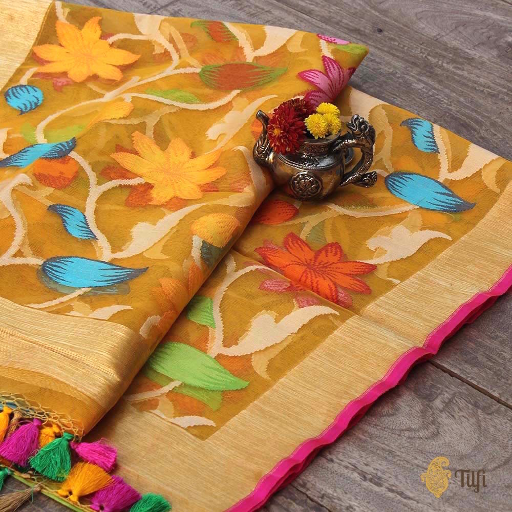 Yellow Pure Kora Net Banarasi Handloom Dupatta